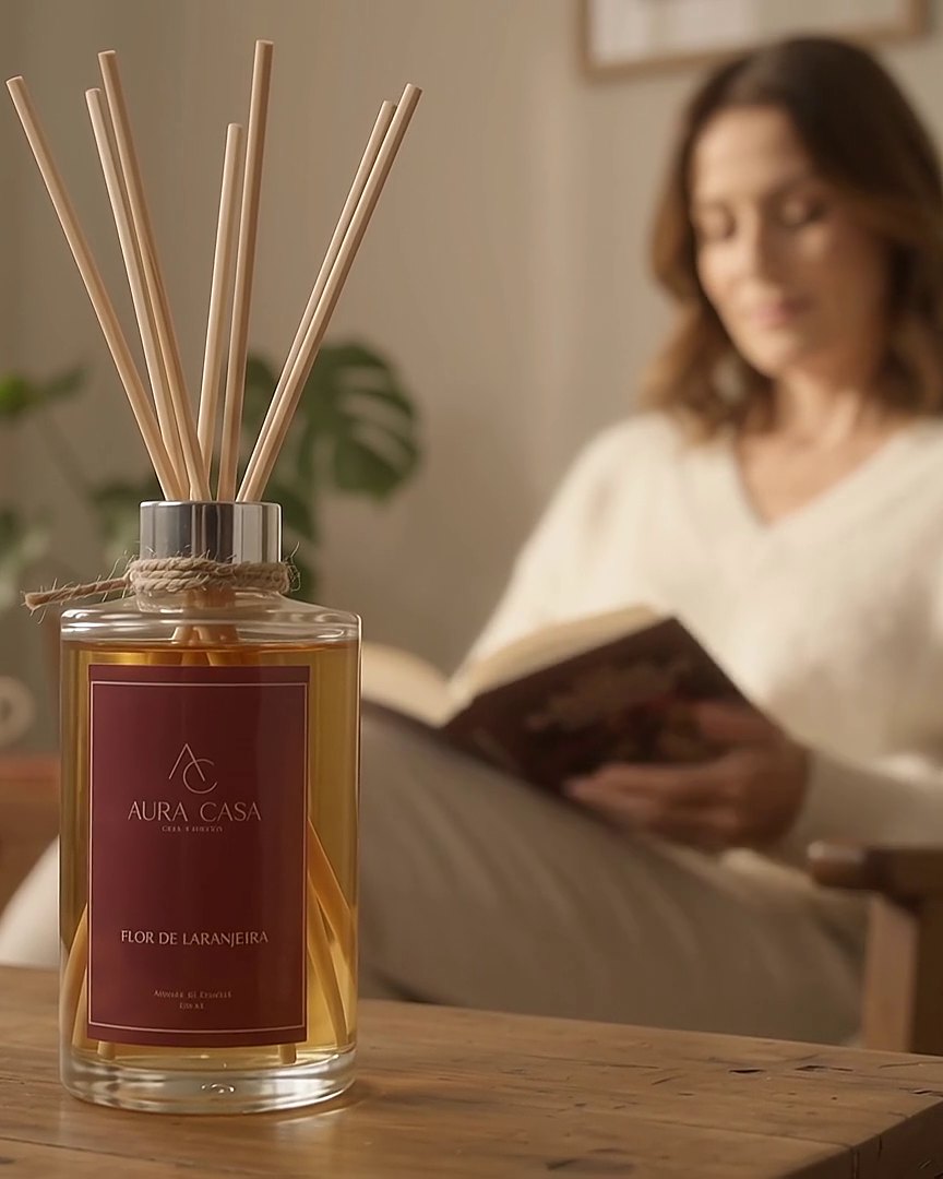 Mulher lendo em uma poltrona, com um difusor Aura Casa de flor de laranjeira em primeiro plano